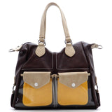 Fashion Colorblock Satchel Tote Bag Dark Brown