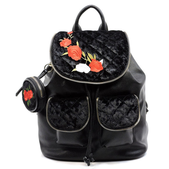 Embroidered Flower Velvet Backpack