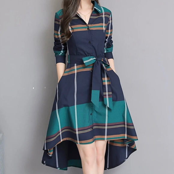 Holiday Dress Plaid Style Casual Green Blue