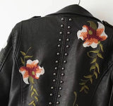 Flower Print Leather Jacket Black